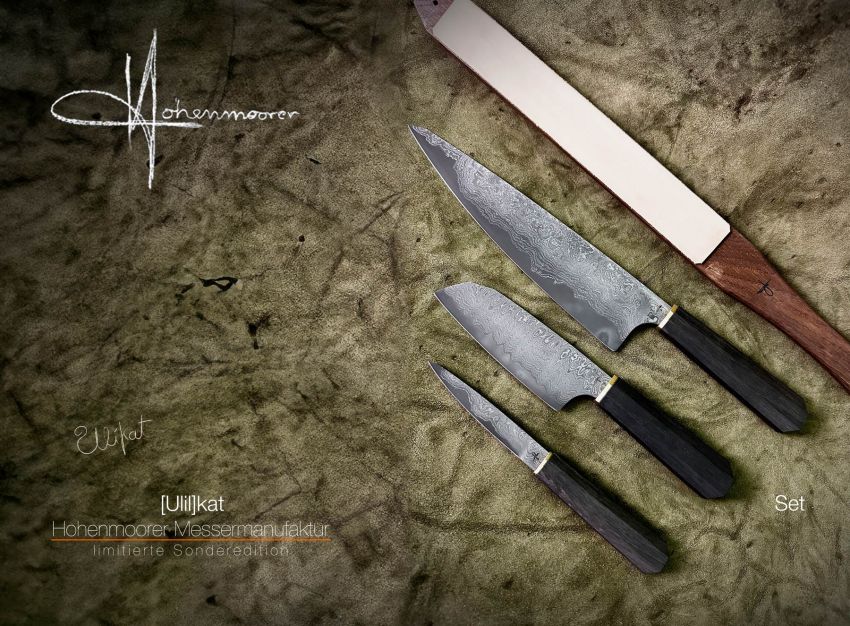 Exklusives, [Uli]kate Damastmesser-Set - Chefmesser, Santoku, Officemesser & STR47